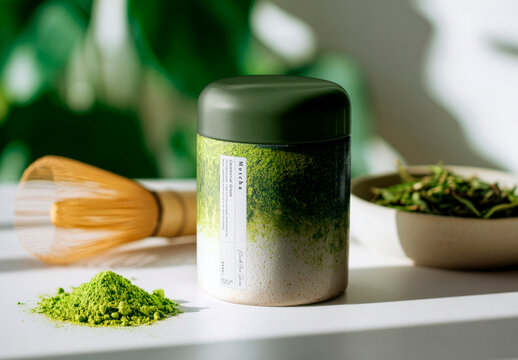 Matcha Tea Set With Jar Mockup PSD