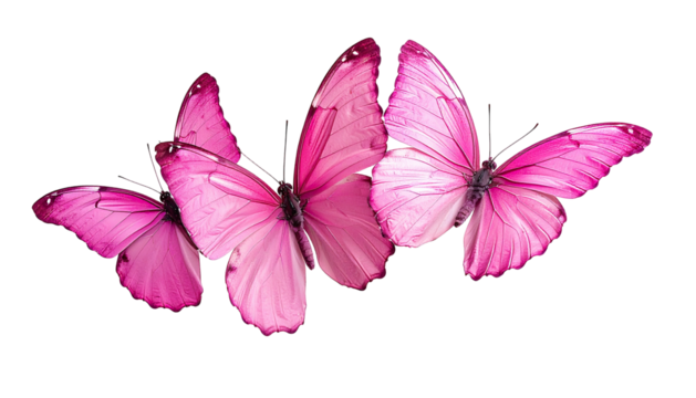Three vibrant pink butterflies clustered on a stark black background