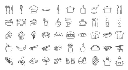 Collection of hand drawn sketch icons representing food drinks kitchenware and lifestyle elements