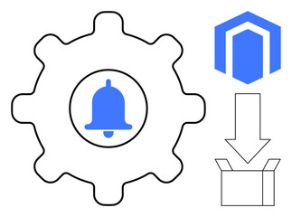 Gear with a notification bell at center, downloading arrow pointing to an open box, and hexagonal logo. Ideal for settings, alerts, automation, logistics, updates, notifications simple flat metaphor