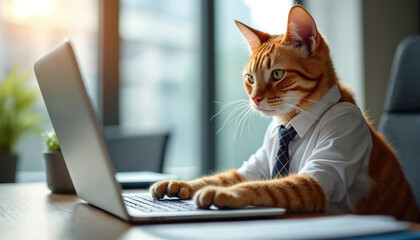 Orange tabby cat dressed in business attire works on a laptop at a wooden office desk. Feline wears shirt and tie while typing. The animal looks focused at the computer screen.