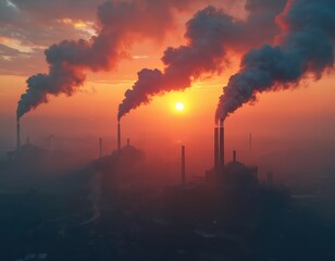 Obraz premium Aerial view shows many factory smokestacks releasing thick dark smoke into atmosphere. Industrial plant emits harmful fumes against vibrant orange sunset sky. Pollution causes environmental disaster,