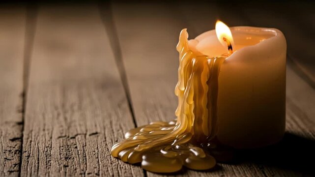 A lit candle sits on a wooden surface its wax dripping down to form a puddle