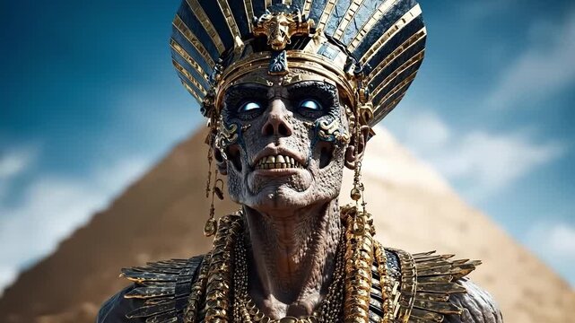 A statue of an ancient egyptian pharaoh in front of a pyramid