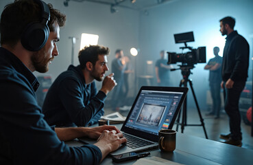 Film crew works on set with pro camera and lighting. People monitor playback on laptop, edit scene. Video production in studio, busy filmmaking environment. Team collaborates.