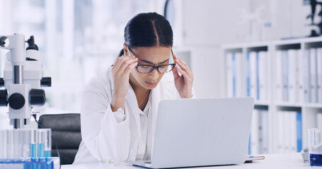 Woman, scientist or laptop with stress for mistake, fail or forensic research in laboratory. Female person, healthcare worker or science with headache on computer for pressure or medical deadline