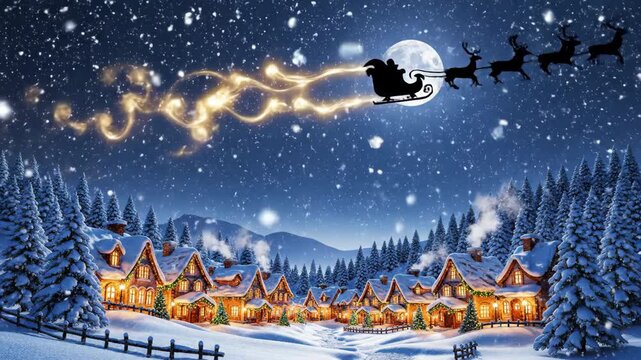 Magical winter night with Santa Claus and reindeer flying over a snowy Christmas village under the full moon - Powered by Adobe
