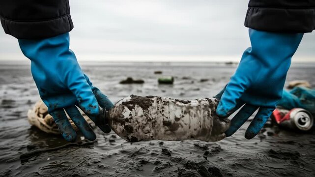 Gloved hands hold a dirty plastic bottle at the beach, other trash lies scattered