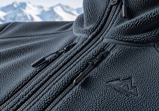 Photo of closeup of a dark blue fleece jacket with zippers and a mountain logo, against a backdrop of snowcapped mountains on a sunny day