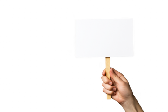 Hand holding blank placard isolated on a transparent background