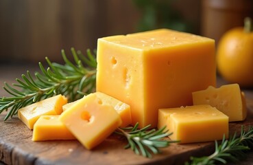 Fresh yellow cheese block, several cut pieces rest on wooden board. Green rosemary sprigs garnish dairy product. Rustic kitchen setting displays healthy cooking ingredient, ready for tasty recipe