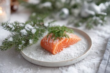 Piece of fresh salmon with dill on plate in winter christmas decoration