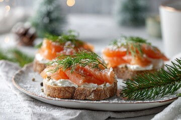 Smoked salmon canape with cream cheese and dill on a festive christmas table