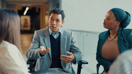 Office, training and man with group, talking and explaining market opportunity to team and...