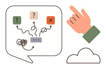 Hand gesture with decision icons, speech bubble, and symbols simplifying choices, paths, and outcomes. Ideal for problem-solving, decision-making, teamwork, analysis strategy clarity navigation