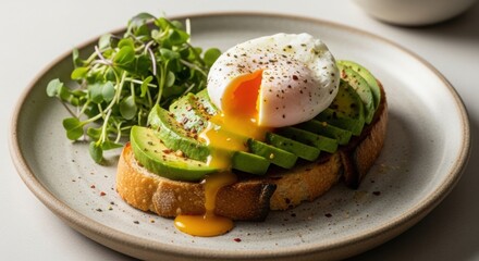 Avocado toast with poached egg and microgreens on ceramic plate