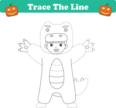 Trace line worksheets for children. Preschool handwriting practice with kids halloween. Vector illustration