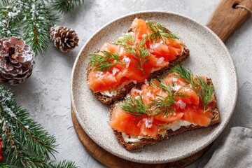 Smorrebrod open faced sandwich with salmon and cream cheese for christmas