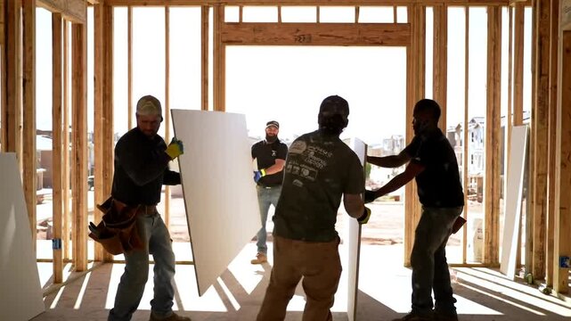 Construction workers installing drywall inside a building frame, teamwork and building.