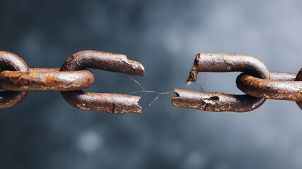 Fototapeta premium disconnected. Broken chain links with disconnected ends, minimalist metal texture symbolizing separation. wellbeing guides.