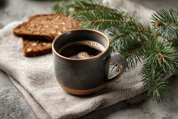 Cup of black coffee with slice of bread and fir branch on linen napkin