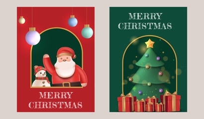 Festive Christmas poster set featuring Santa Claus, decorated Christmas tree, and sparkling hanging lights in warm holiday tones. Christmas Poster Design Vector Illustration 