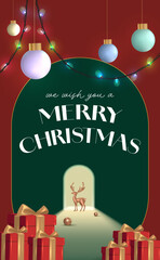 Elegant green Christmas poster with glowing ornaments, and red gift boxes creating festive holiday atmosphere design. Christmas Poster Design Vector Illustration 