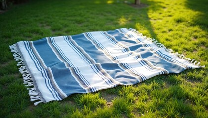 Striped boho picnic blanket on green grass outdoors. Textile rug with fringe lies on lawn. Concept of relaxation rest and summertime activities. Nature background.