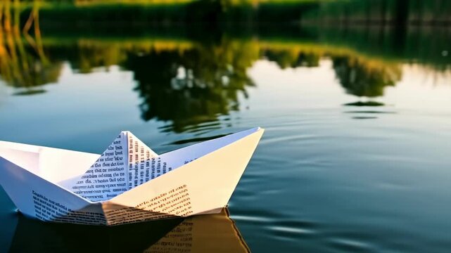A paper boat crafted from textprinted paper floats on a calm lake reflecting greenery