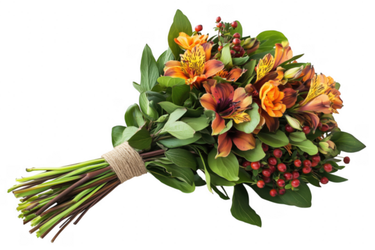 Orange floral arrangement with berries isolated on a transparent background