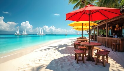 Beach bar with tables and stools sits on white sand. Bright umbrellas provide shade near turquoise ocean waters. Sailboats glide across blue sky horizon. Palm trees cast shadows on shore.
