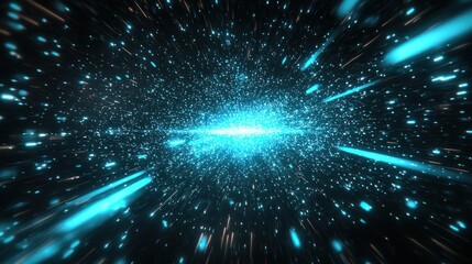 Fototapeta premium Abstract blue bursts of light radiating from a central point in dark space