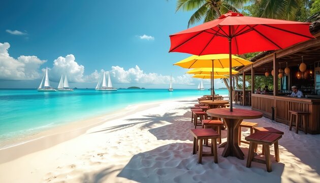 Beach bar with tables and stools sits on white sand. Bright umbrellas provide shade near turquoise ocean waters. Sailboats glide across blue sky horizon. Palm trees cast shadows on shore.