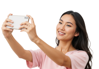 Young woman taking a selfie with a smartphone while smiling in a bright setting