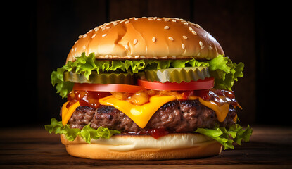 Juicy cheeseburger with fresh toppings tempting your tastebuds, perfect for fast food cravings and delicious meals