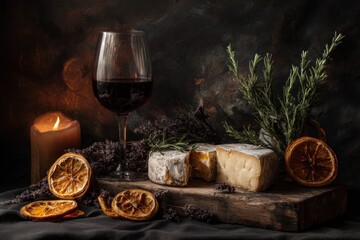 Atmospheric still life of red wine, cheese, oranges, and candle on dark wood