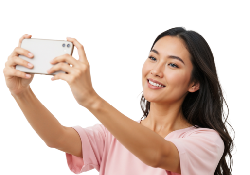 Young woman taking a selfie with a smartphone while smiling in a bright setting - Powered by Adobe