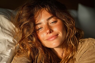 Woman relaxing in bed illuminated by warm sunlight, smiling gently.