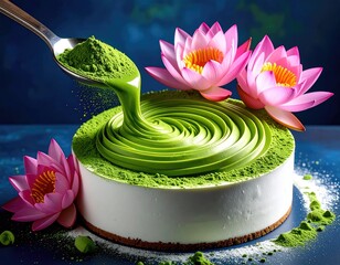 Matcha cheesecake swirls, powdered green tea, pink lotus