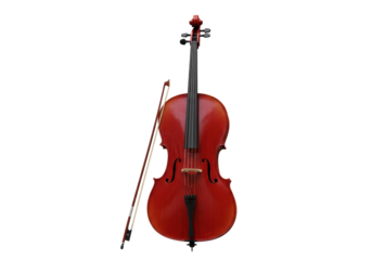 Isolated cello stands with bow leaning against it, a classical stringed musical instrument