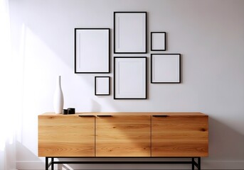 Modern wooden sideboard with a gallery wall of empty black framed pictures