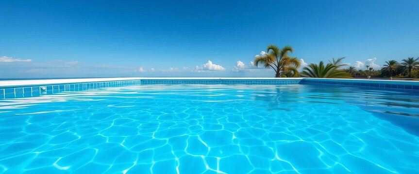 Azure pool water reflecting vibrant blue sky, crisp lines,  peaceful,  luxury
