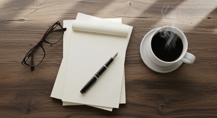 A notebook with a pen, glasses, and a steaming coffee cup are on a wooden desk in bright sunlight