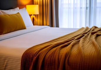 Cozy hotel room with a neatly made bed and a warm amber throw blanket