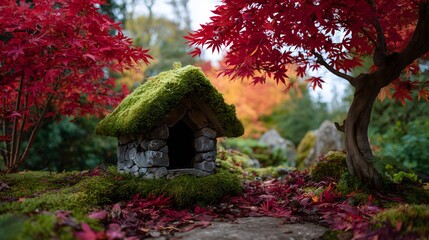 Miniature Stone House with Moss Roof and Japanese Maple Trees