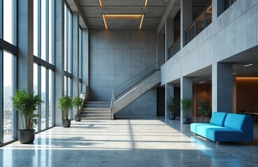 Obraz premium Spacious modern office interior with large windows bright natural light concrete walls. Minimalist design features stairs plants and a blue sofa for relaxation space.