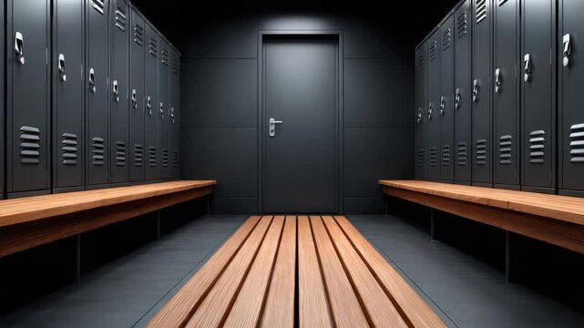 A minimalist locker room features a dark, symmetric design with wood benches and a door
