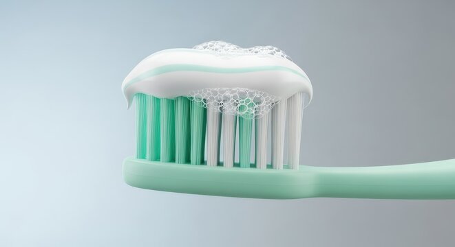 Mint green toothbrush with white toothpaste and frothy foam on its bristles against a clean light blue background