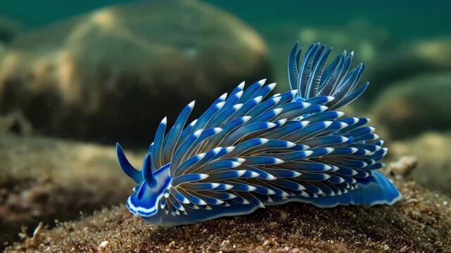 A vibrant blue sea slug with whitetipped cerata rests on a sandy seabed blurred rocks in background