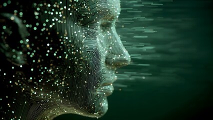 Digital Mind: An enigmatic visage, formed from a cascade of digital particles, conveys the essence of innovation and the boundless potential of technology. The portrait of progress and advancement.